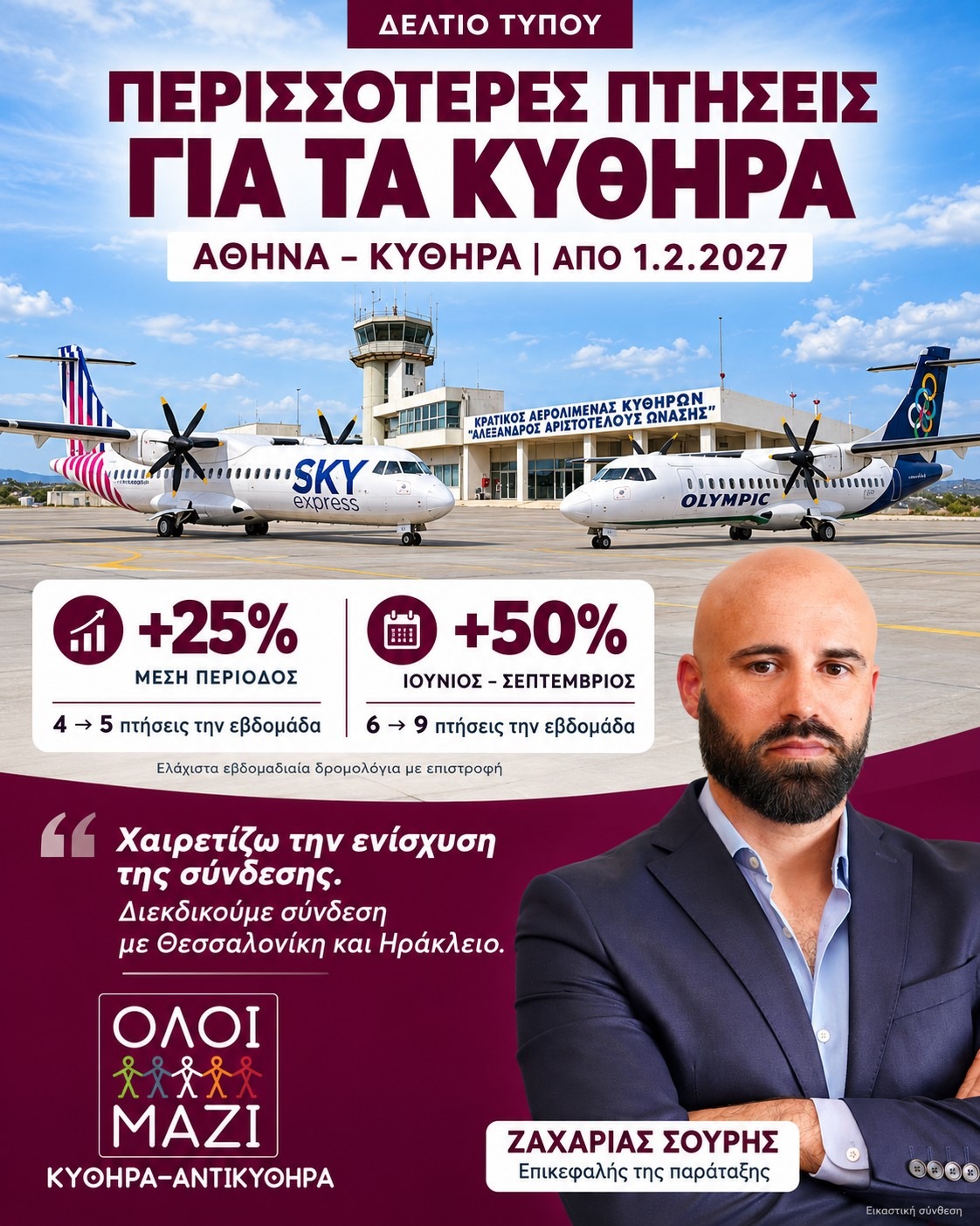 Δήλωση του Ζαχαρία Σουρή για την ενίσχυση της αεροπορικής σύνδεσης των Κυθήρων.